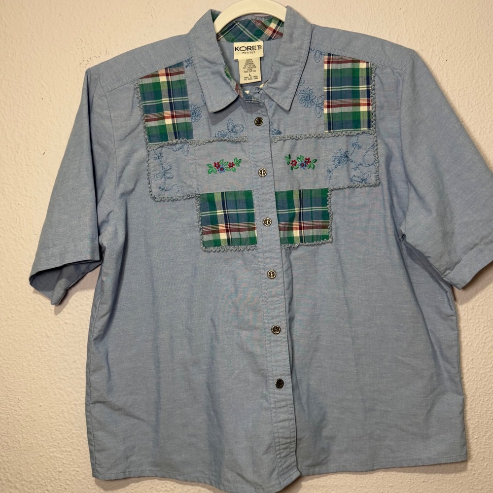 Vintage Koret Button Shirt Blue Plaid Patchwork Floral Cottagecore Grannycore L